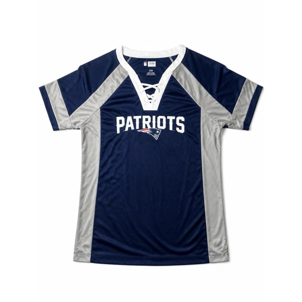 NFL Team Apparel Womens Navy Gray Lace-up Patriots Short Sleeve Jersey Size L